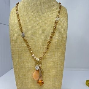 Chico's necklace yellow peach & taupe crystals and beads on gold tone long line